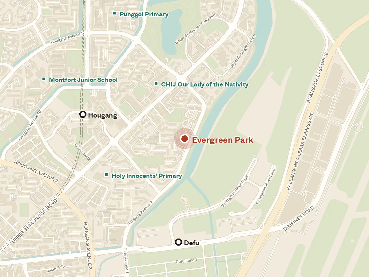 Map of the area around Evergreen Park, with nearby MRT stations and primary schools