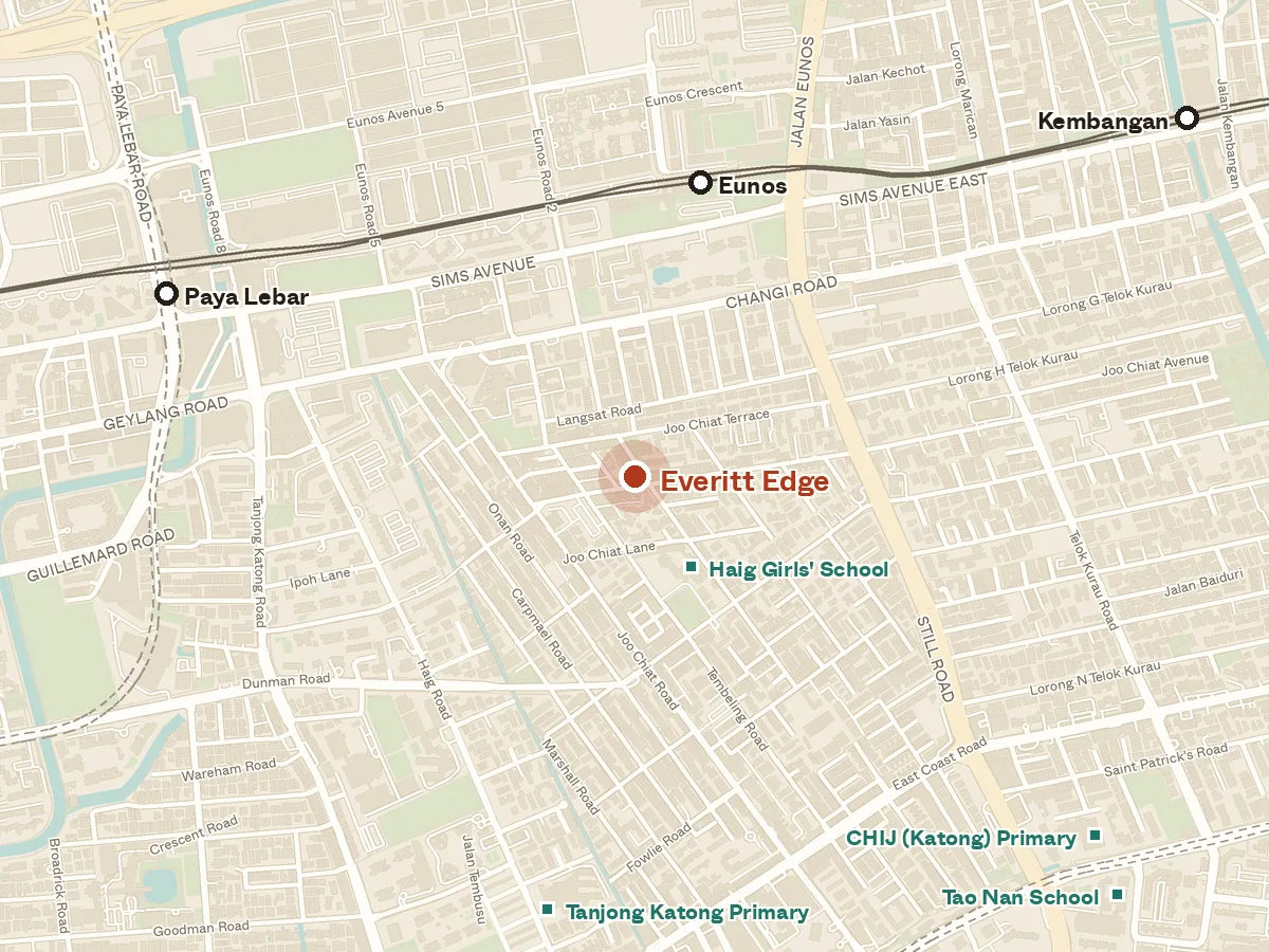 Map of the area around Everitt Edge, with nearby MRT stations and primary schools
