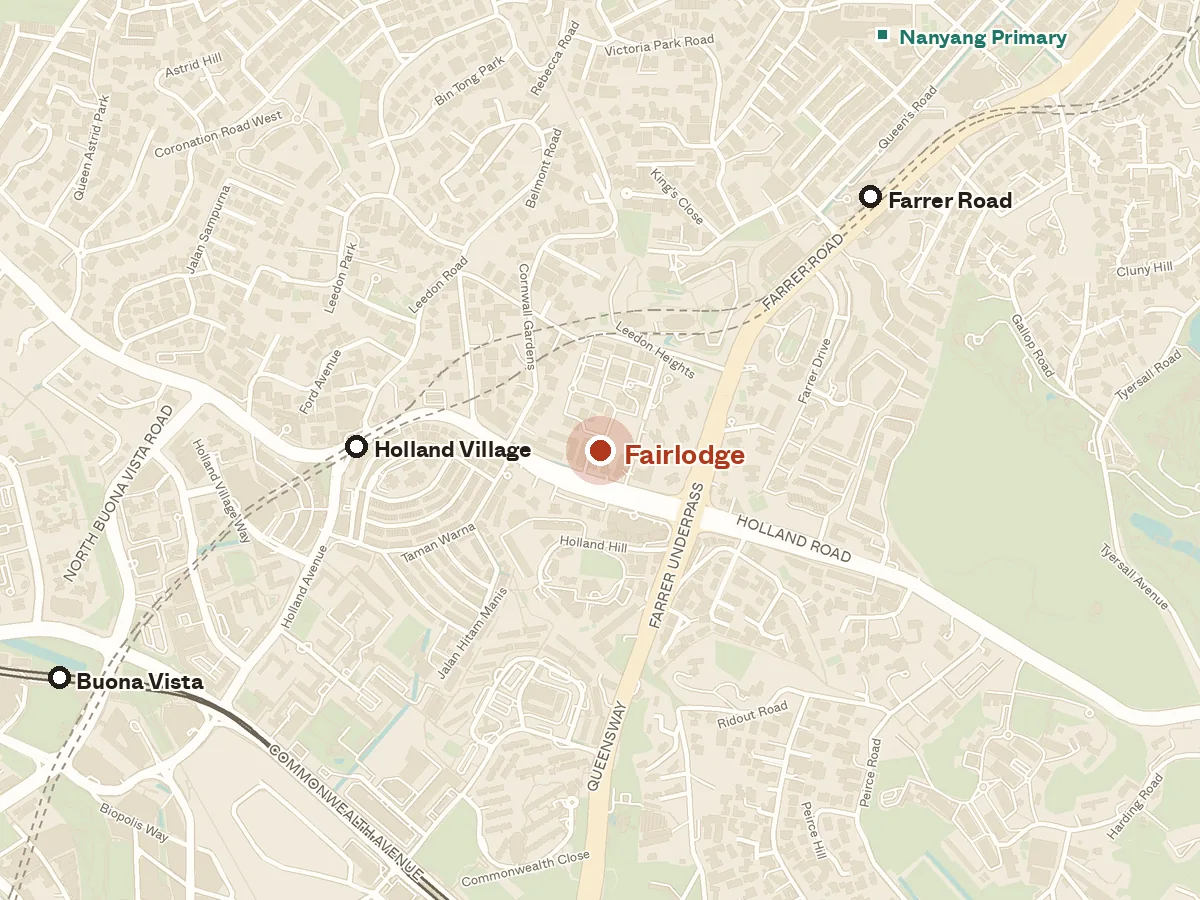 Map of the area around Fairlodge, with nearby MRT stations and primary schools