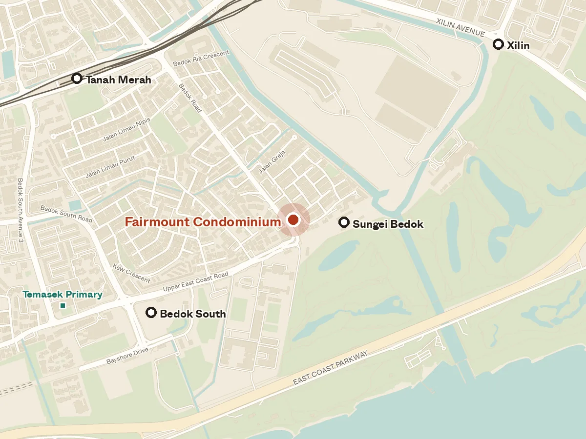 Map of the area around Fairmount Condominium, with nearby MRT stations and primary schools