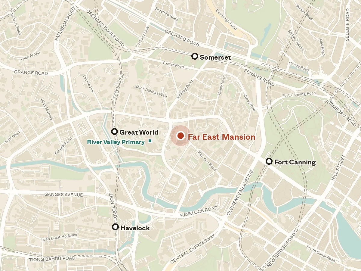 Map of the area around Far East Mansion, with nearby MRT stations and primary schools