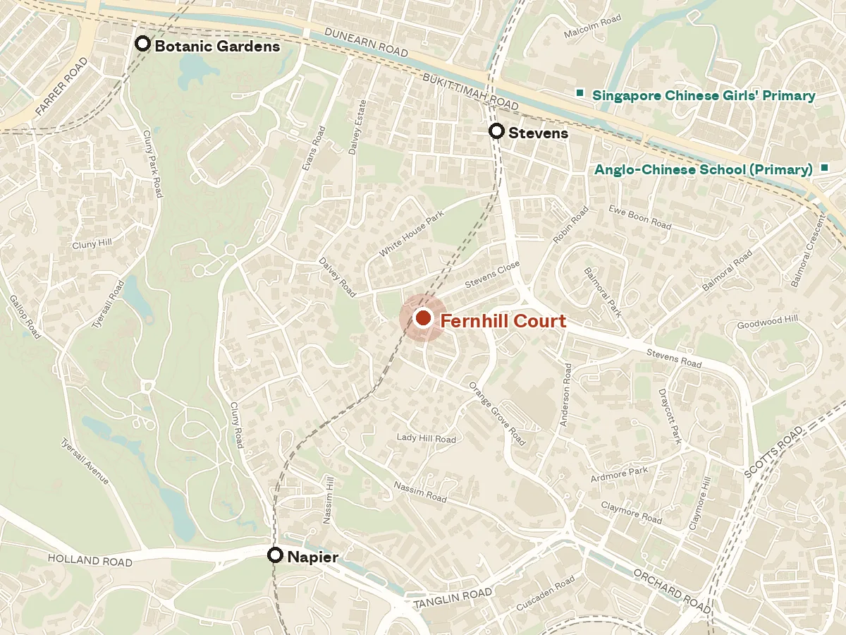 Map of the area around Fernhill Court, with nearby MRT stations and primary schools