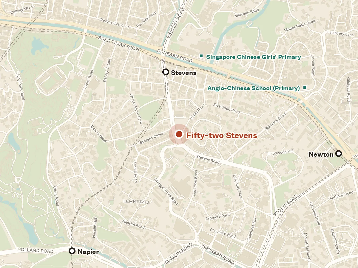 Map of the area around Fifty-two Stevens, with nearby MRT stations and primary schools
