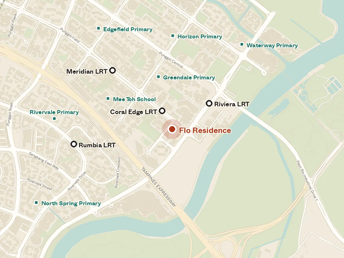 Map of the area around Flo Residence, with nearby MRT stations and primary schools