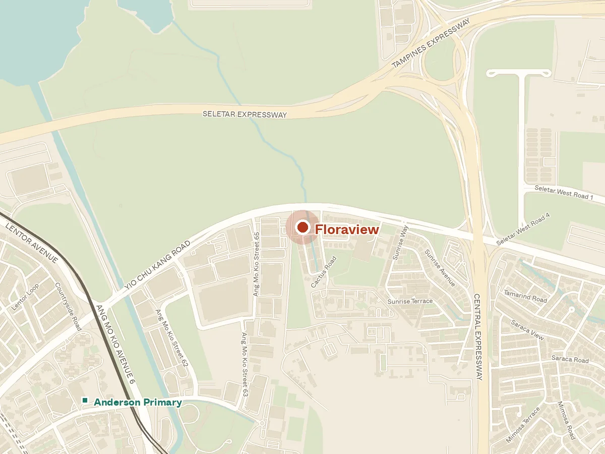 Map of the area around Floraview, with nearby MRT stations and primary schools