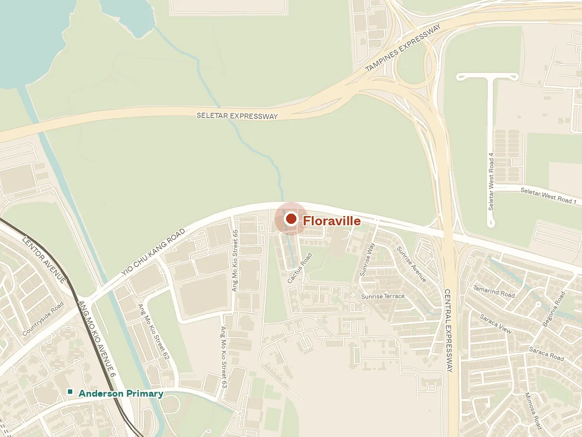 Map of the area around Floraville, with nearby MRT stations and primary schools