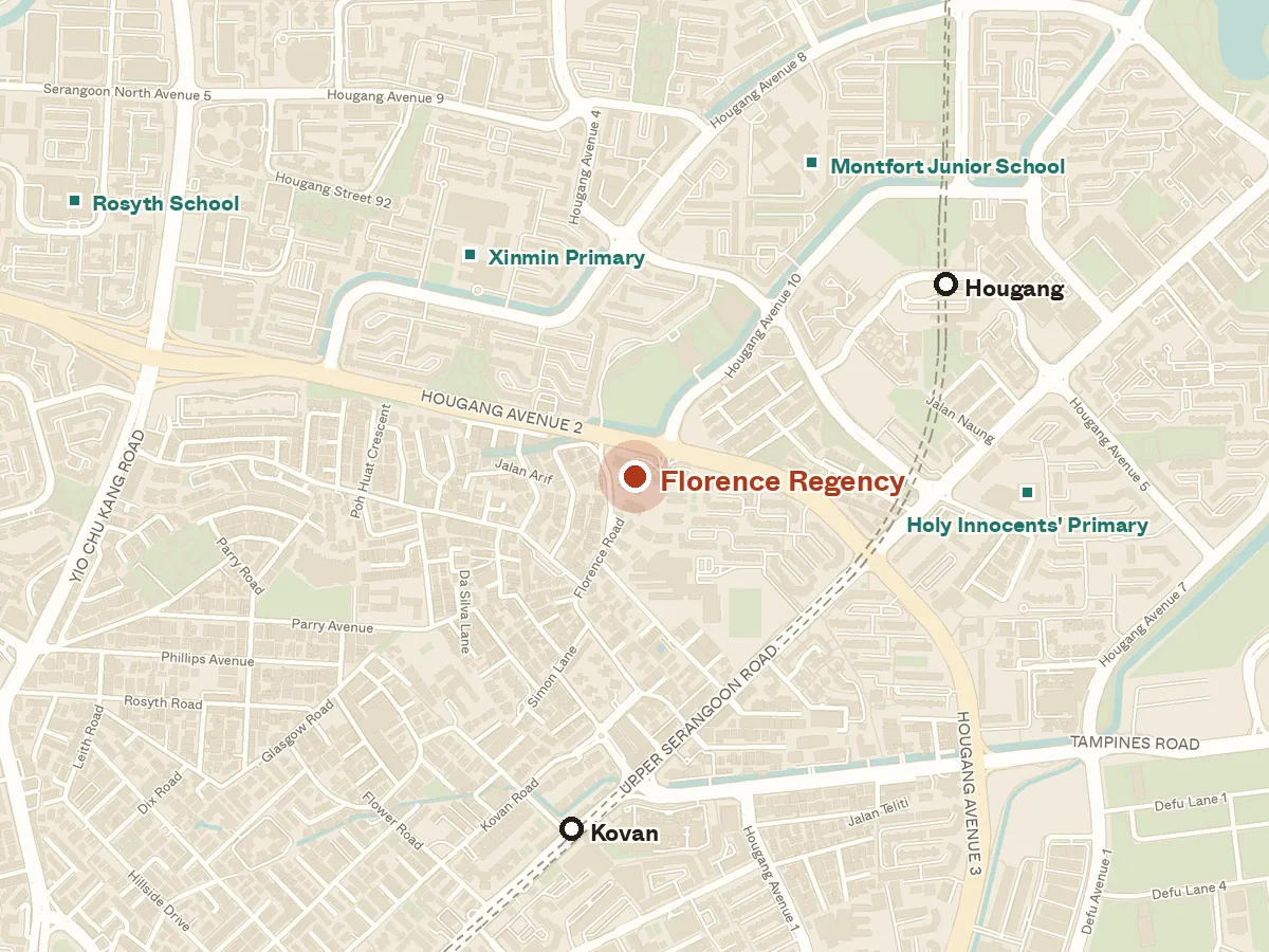 Map of the area around Florence Regency, with nearby MRT stations and primary schools