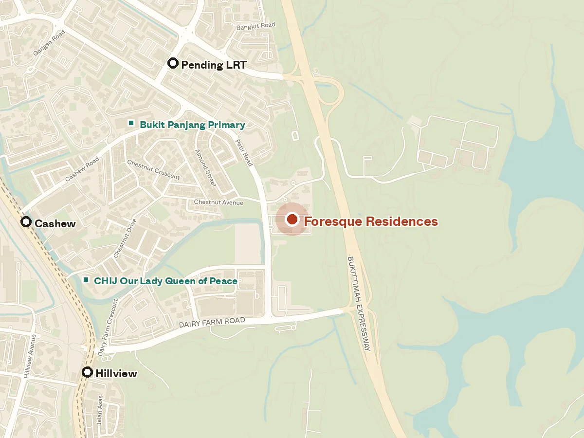 Map of the area around Foresque Residences, with nearby MRT stations and primary schools