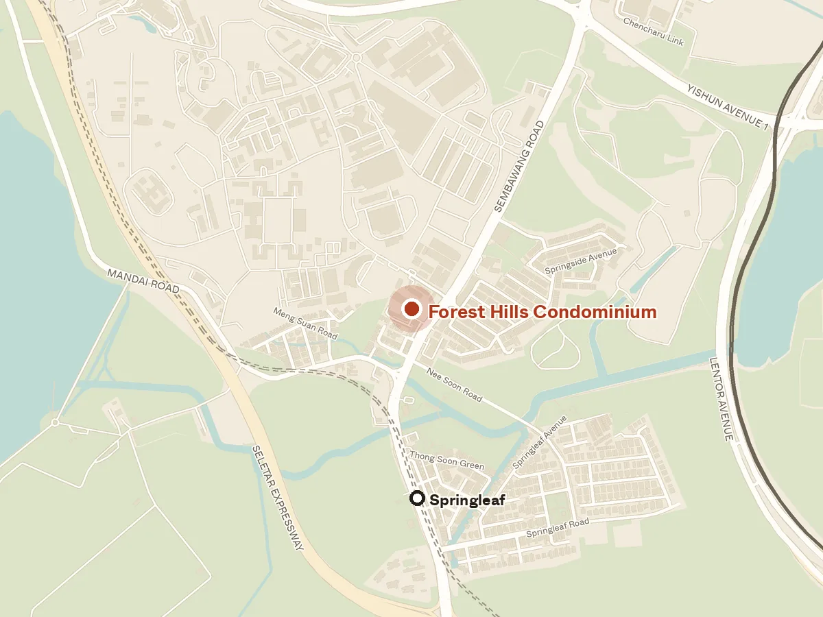 Map of the area around Forest Hills Condominium, with nearby MRT stations and primary schools