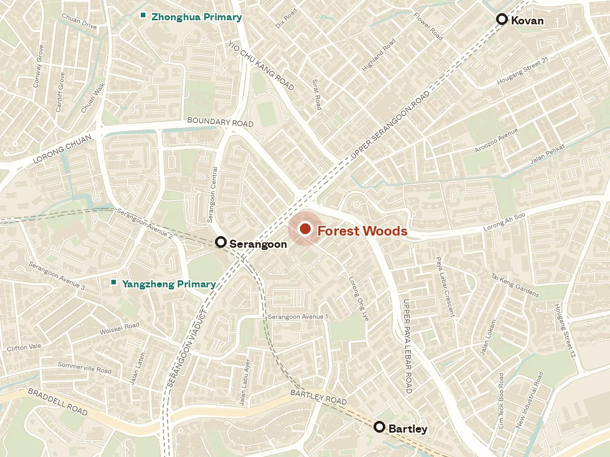 Map of the area around Forest Woods, with nearby MRT stations and primary schools