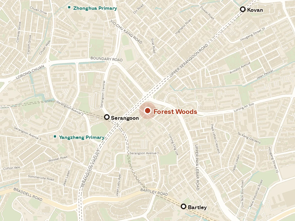 Map of the area around Forest Woods, with nearby MRT stations and primary schools