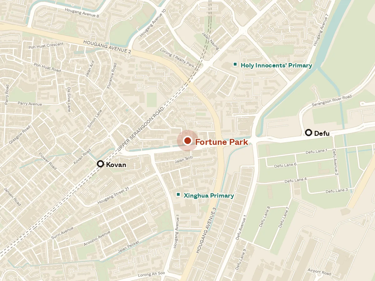 Map of the area around Fortune Park, with nearby MRT stations and primary schools