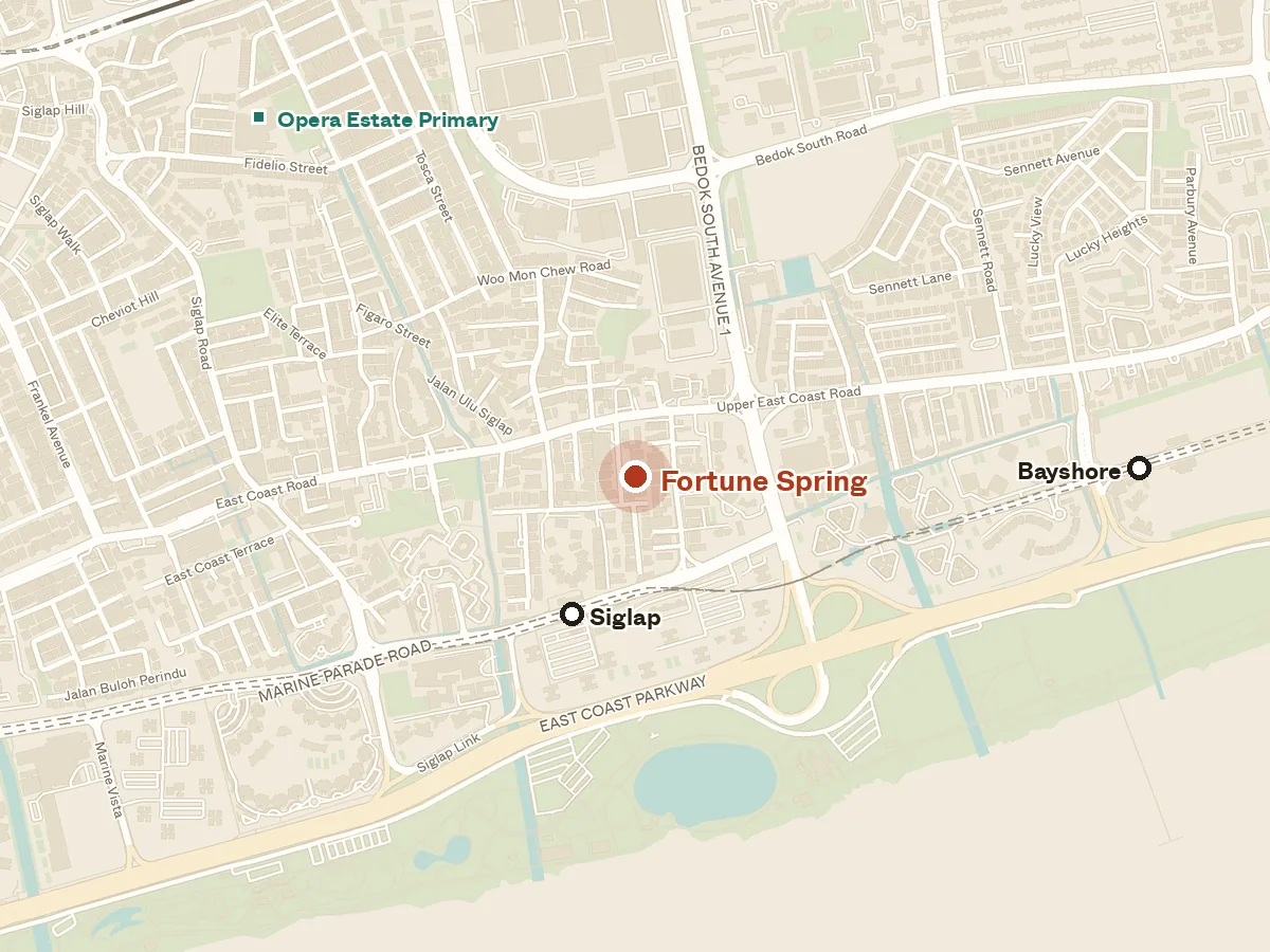 Map of the area around Fortune Spring, with nearby MRT stations and primary schools