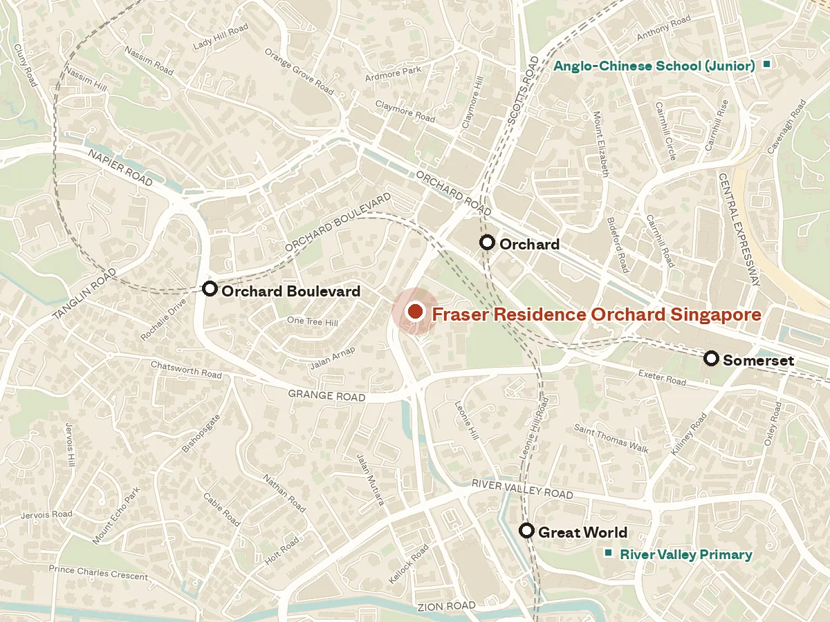 Map of the area around Fraser Residence Orchard Singapore, with nearby MRT stations and primary schools
