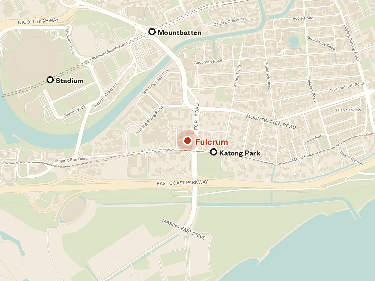 Map of the area around Fulcrum, with nearby MRT stations and primary schools