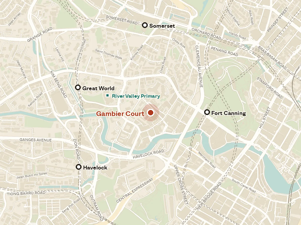 Map of the area around Gambier Court, with nearby MRT stations and primary schools