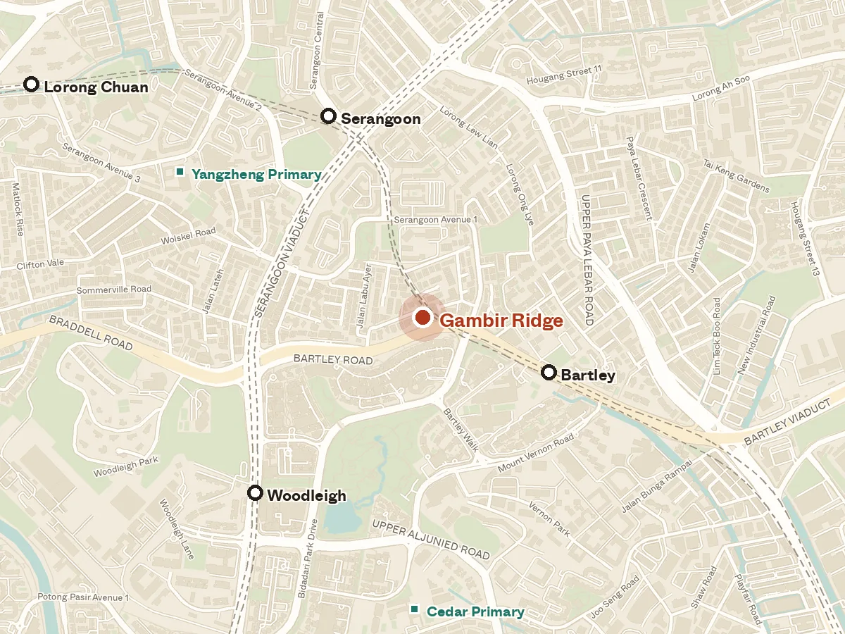 Map of the area around Gambir Ridge, with nearby MRT stations and primary schools