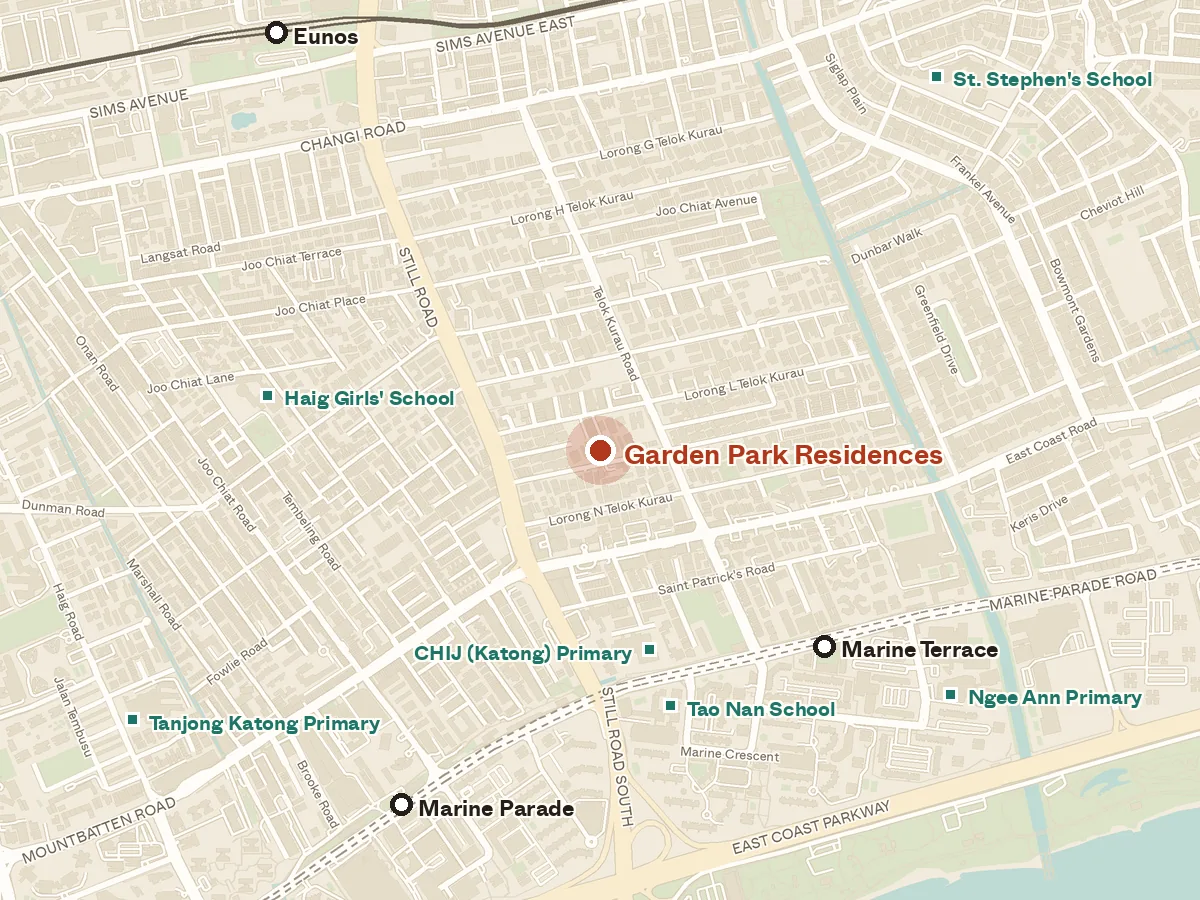 Map of the area around Garden Park Residences, with nearby MRT stations and primary schools