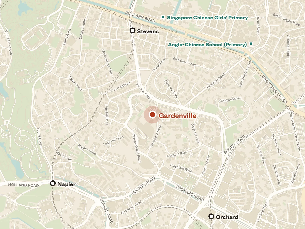 Map of the area around Gardenville, with nearby MRT stations and primary schools