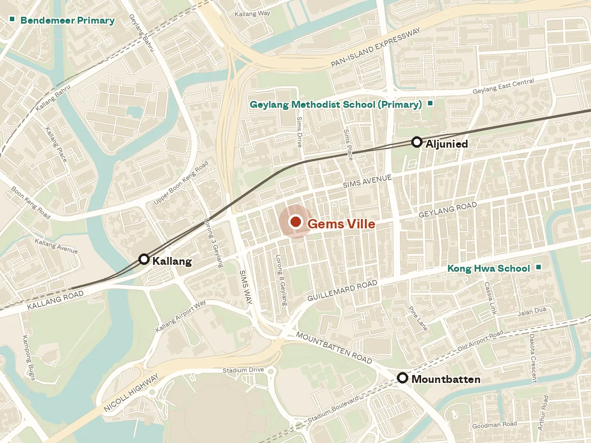 Map of the area around Gems Ville, with nearby MRT stations and primary schools