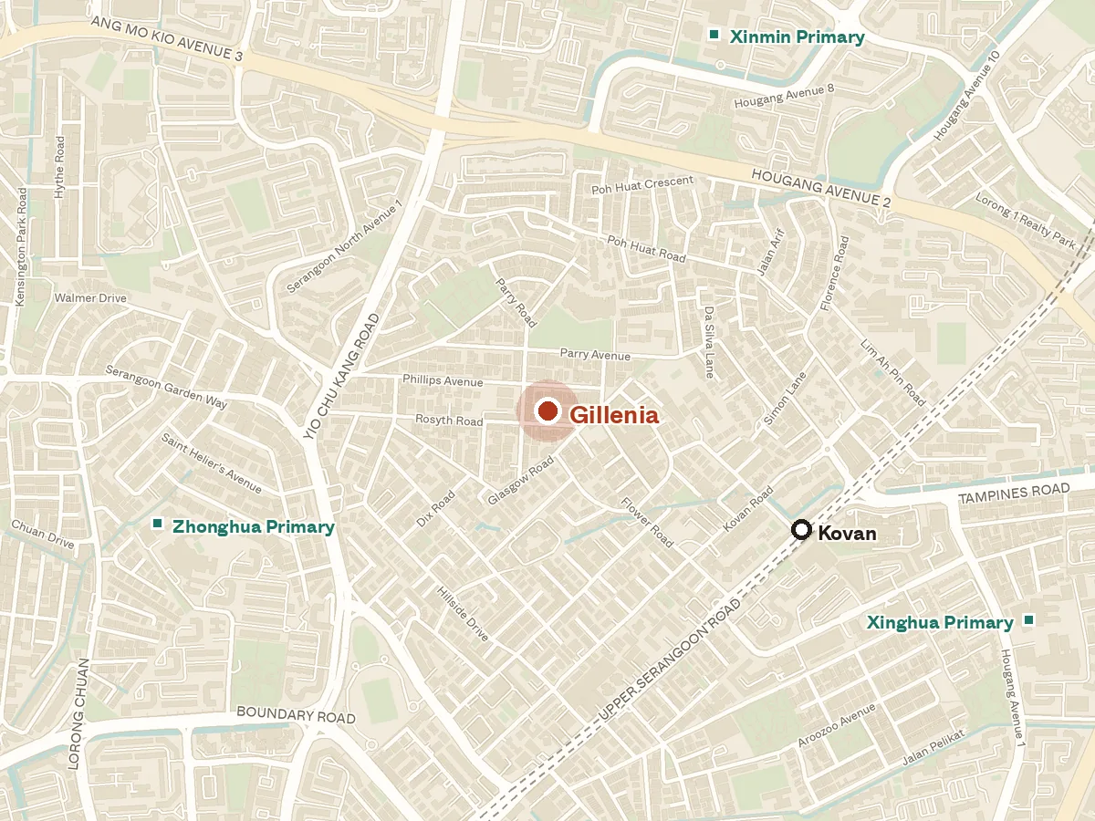 Map of the area around Gillenia, with nearby MRT stations and primary schools