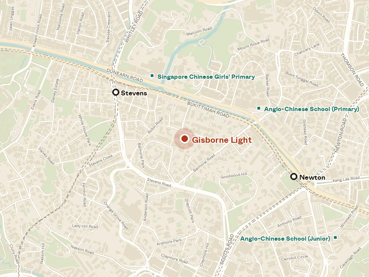 Map of the area around Gisborne Light, with nearby MRT stations and primary schools