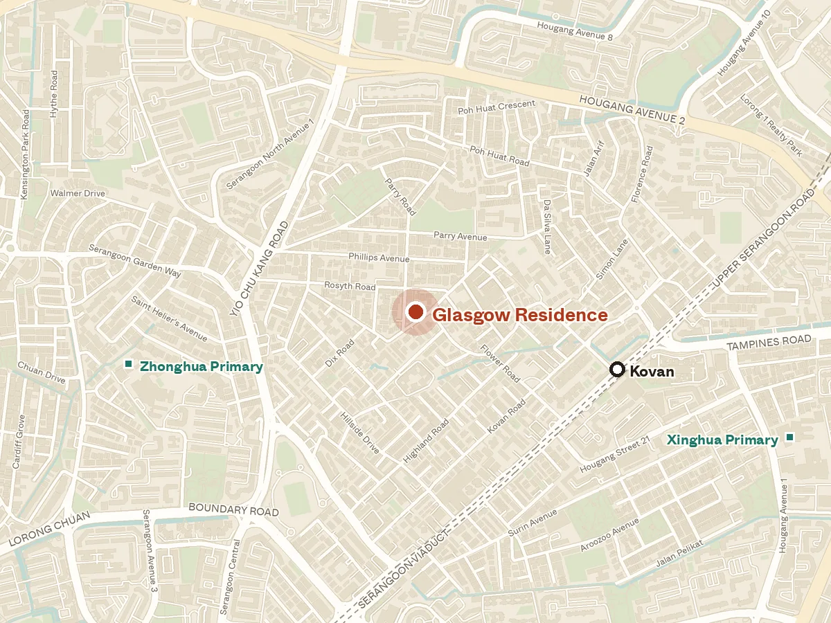 Map of the area around Glasgow Residence, with nearby MRT stations and primary schools