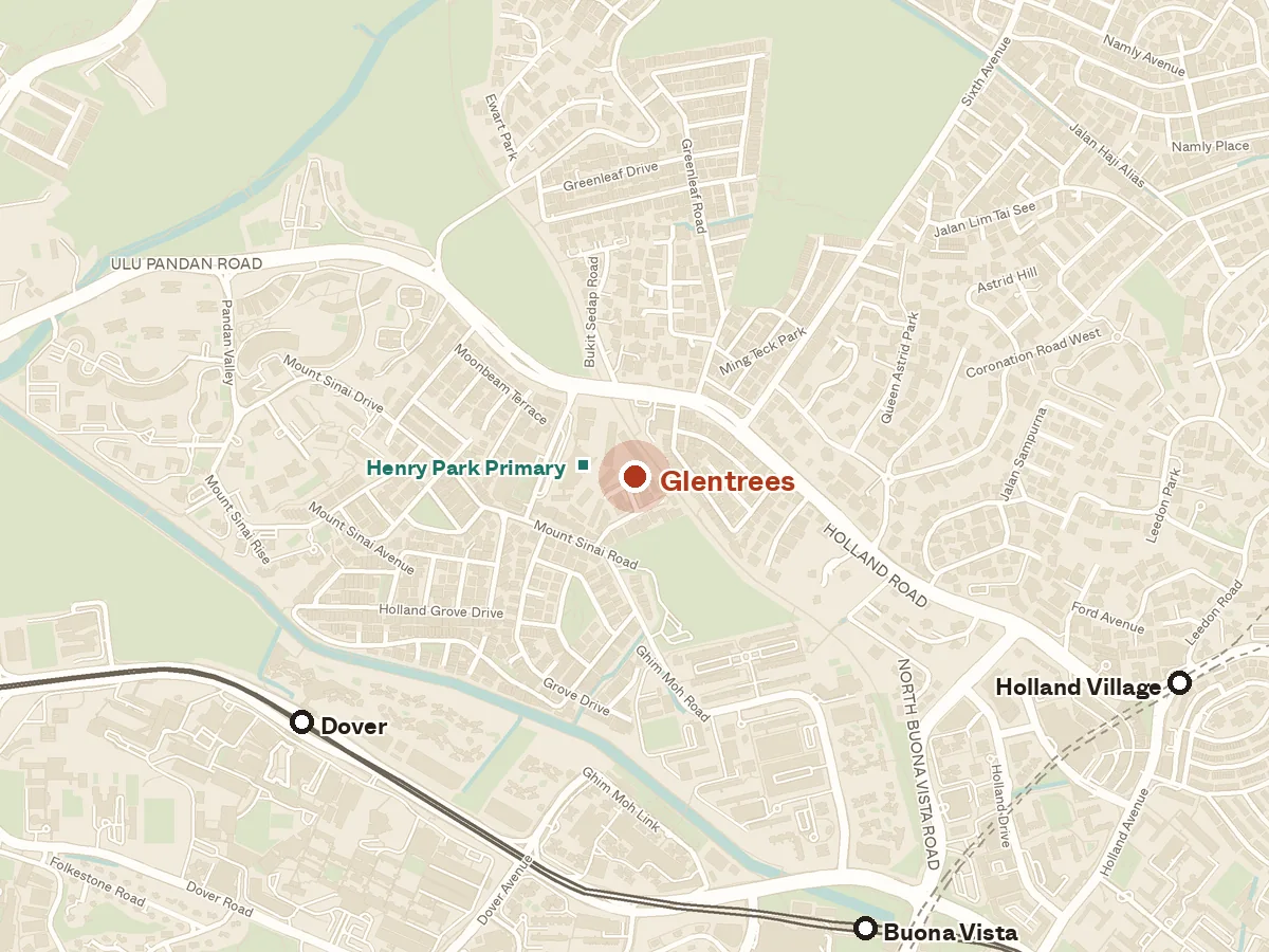 Map of the area around Glentrees, with nearby MRT stations and primary schools