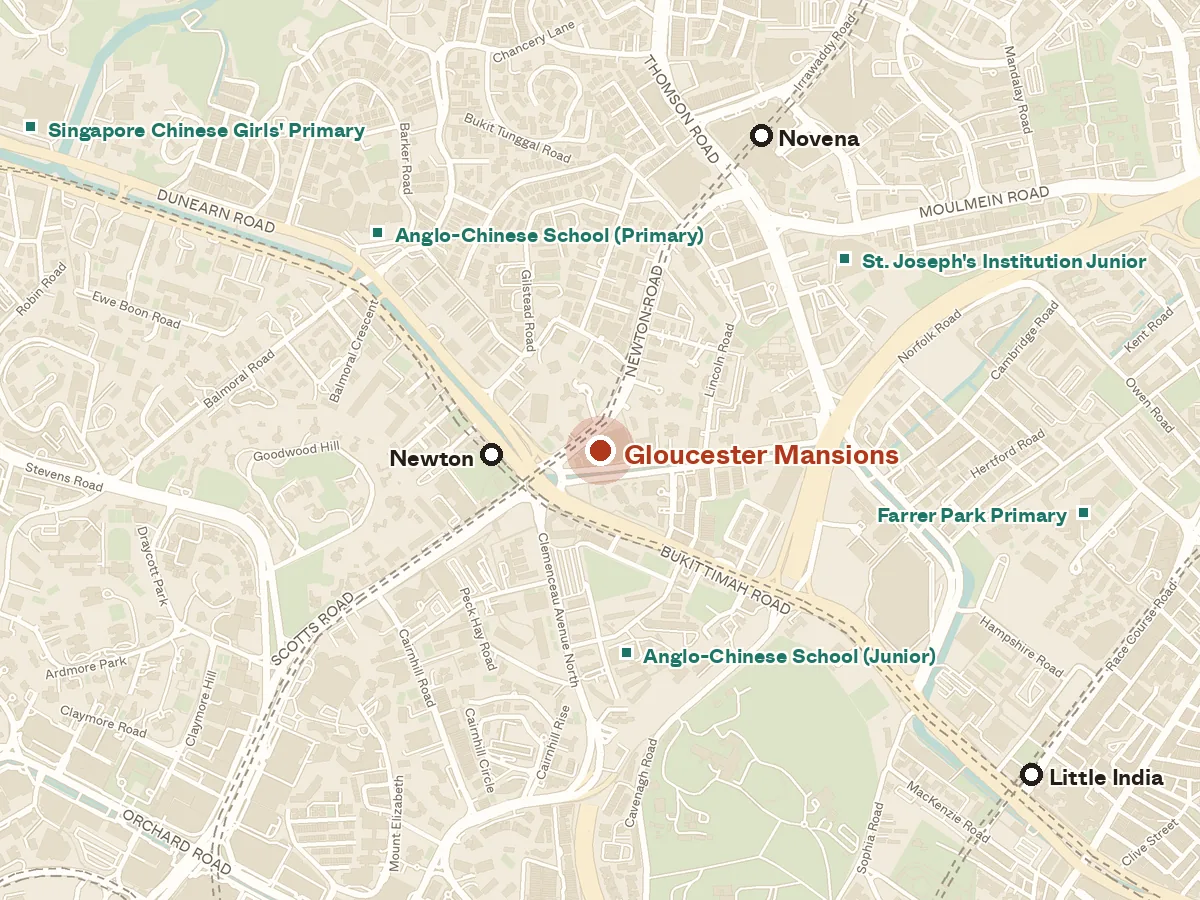 Map of the area around Gloucester Mansions, with nearby MRT stations and primary schools