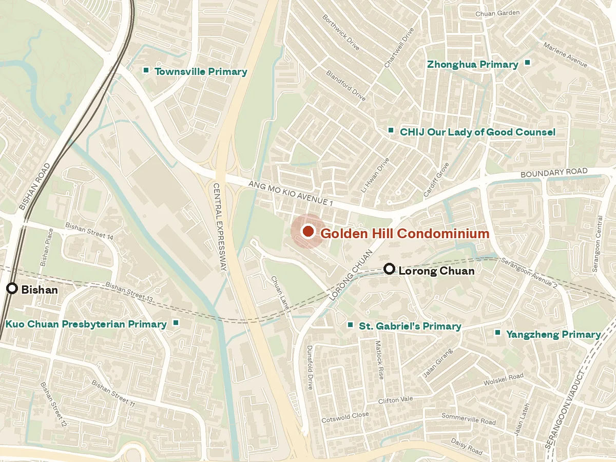 Map of the area around Golden Hill Condominium, with nearby MRT stations and primary schools