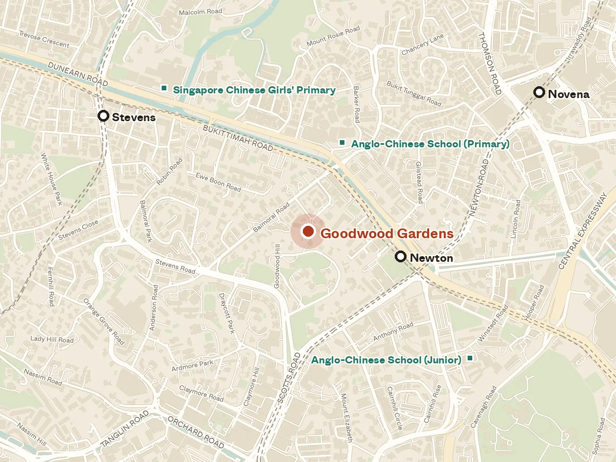 Map of the area around Goodwood Gardens, with nearby MRT stations and primary schools
