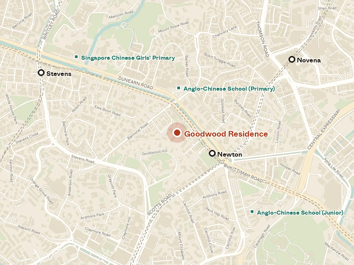 Map of the area around Goodwood Residence, with nearby MRT stations and primary schools