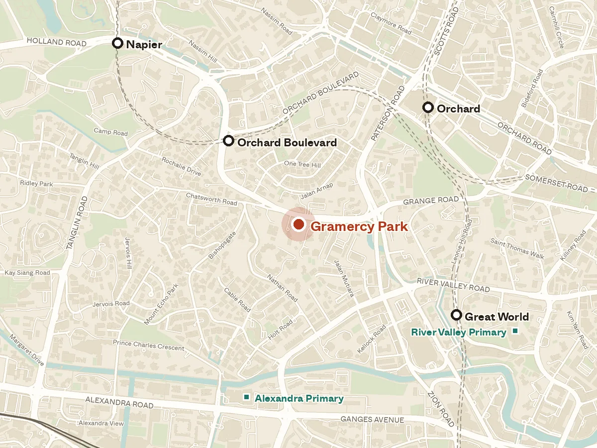 Map of the area around Gramercy Park, with nearby MRT stations and primary schools