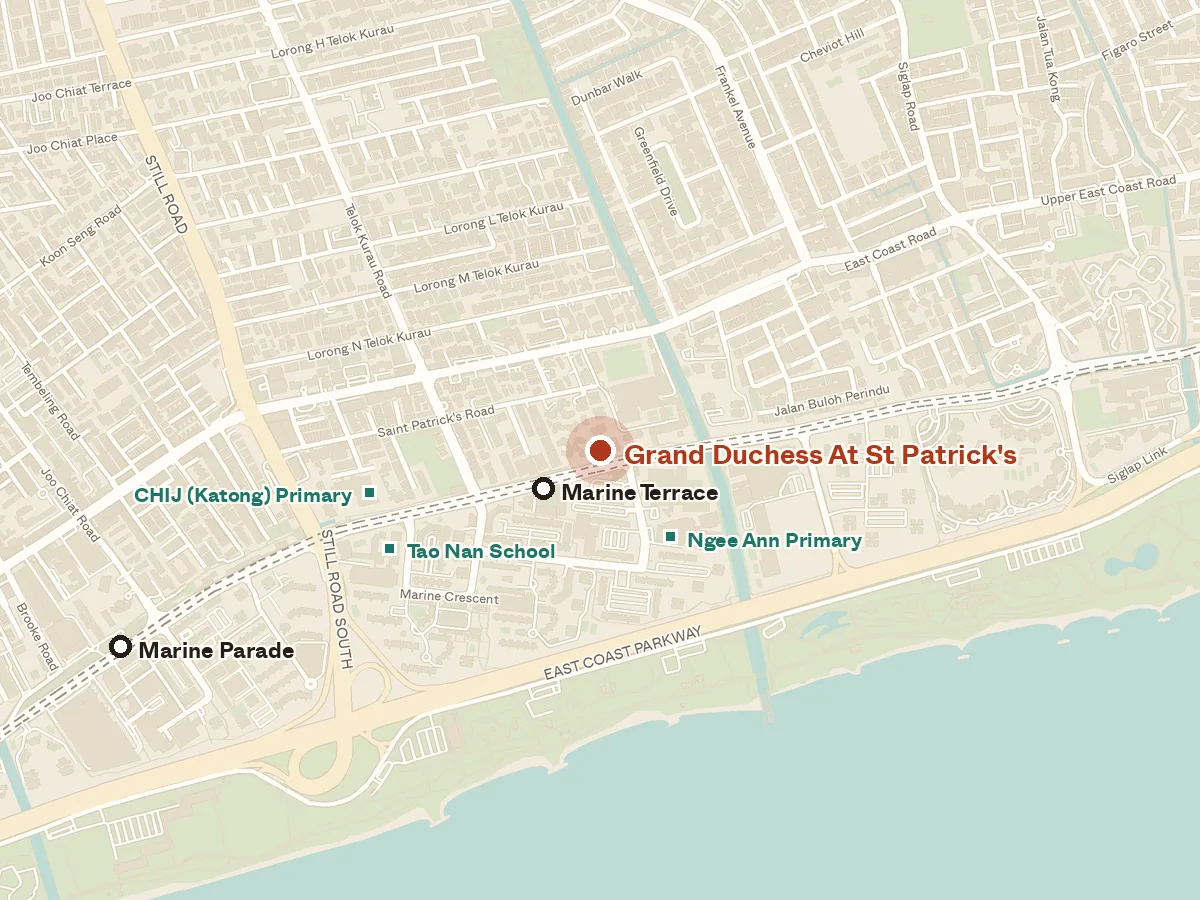 Map of the area around Grand Duchess At St Patrick's, with nearby MRT stations and primary schools