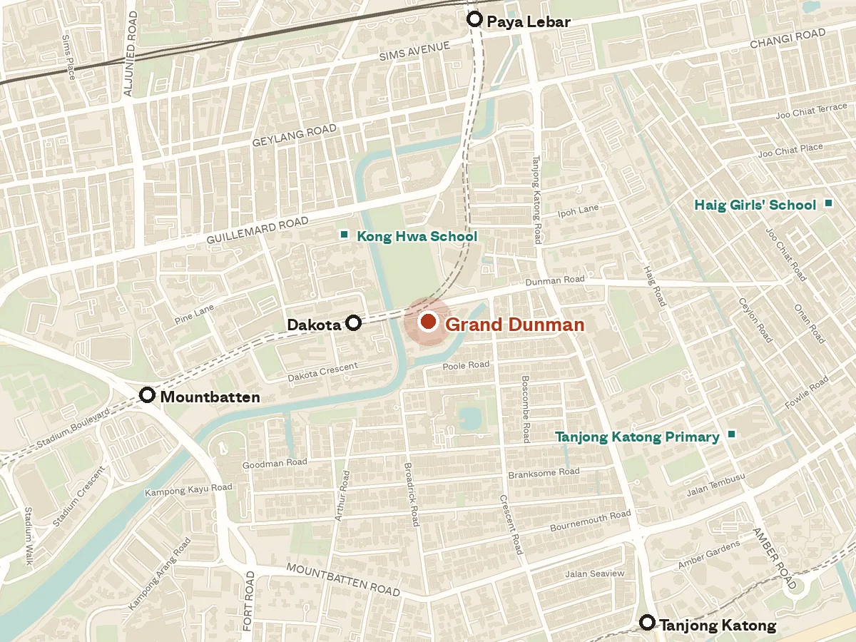 Map of the area around Grand Dunman, with nearby MRT stations and primary schools