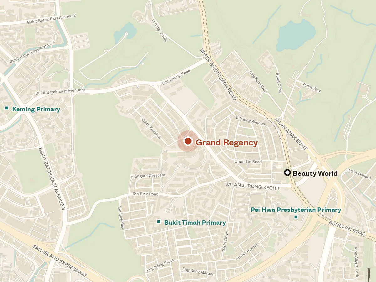 Map of the area around Grand Regency, with nearby MRT stations and primary schools