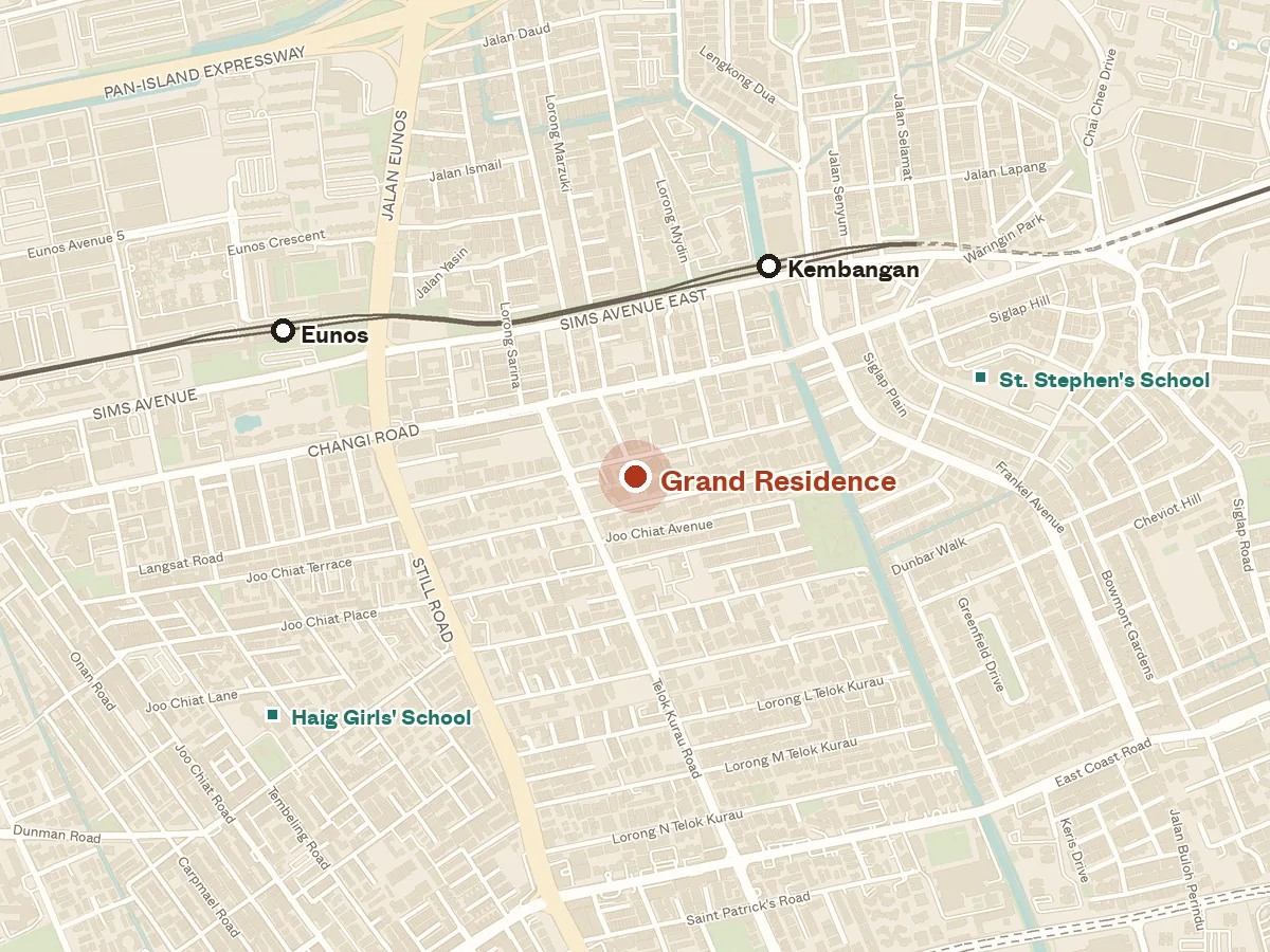 Map of the area around Grand Residence, with nearby MRT stations and primary schools