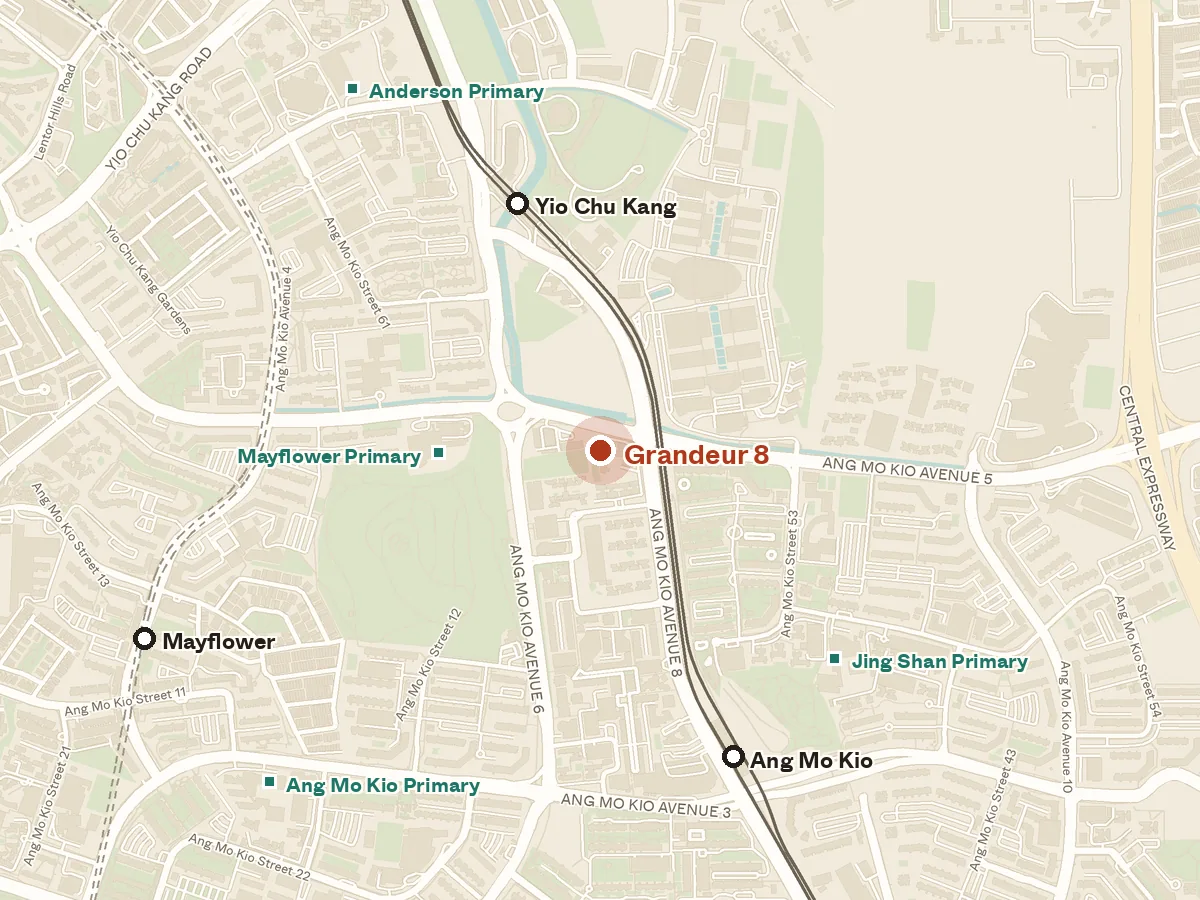 Map of the area around Grandeur 8, with nearby MRT stations and primary schools
