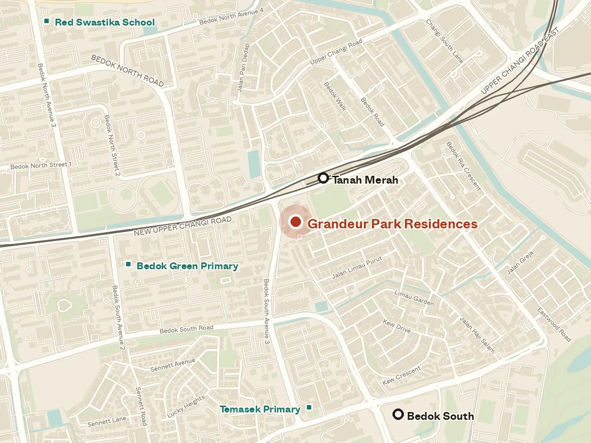 Map of the area around Grandeur Park Residences, with nearby MRT stations and primary schools
