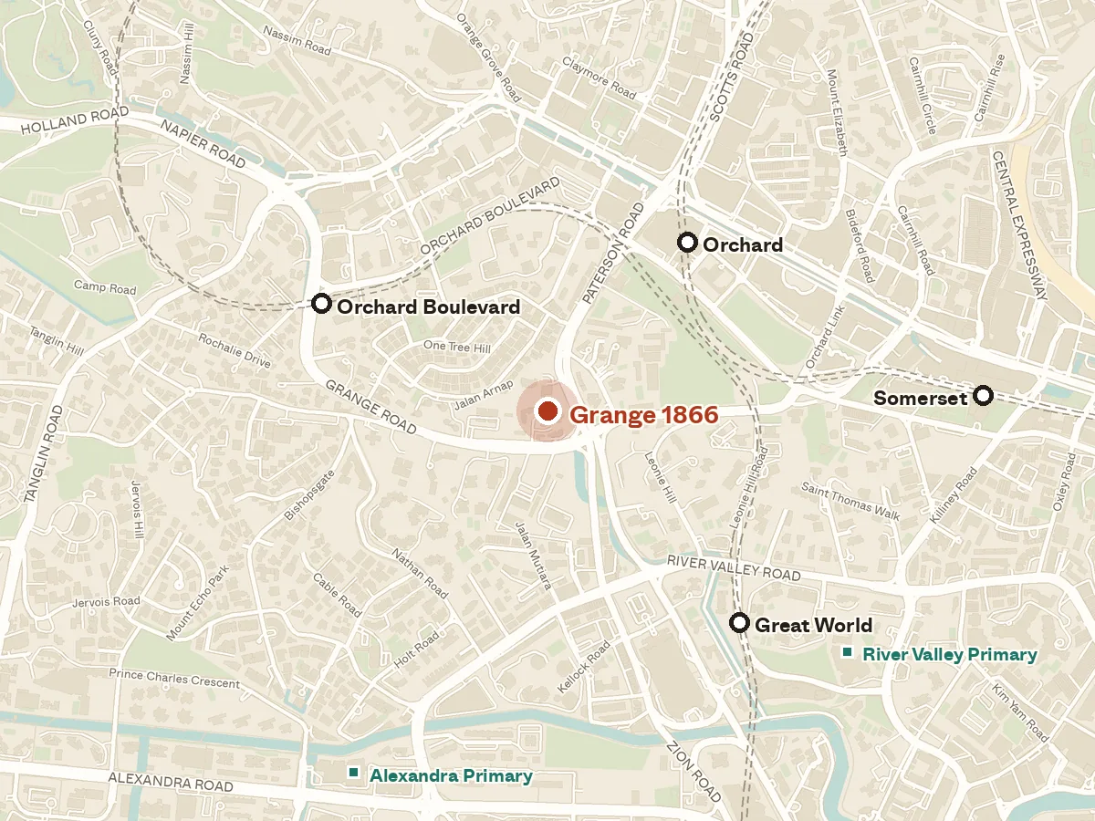 Map of the area around Grange 1866, with nearby MRT stations and primary schools
