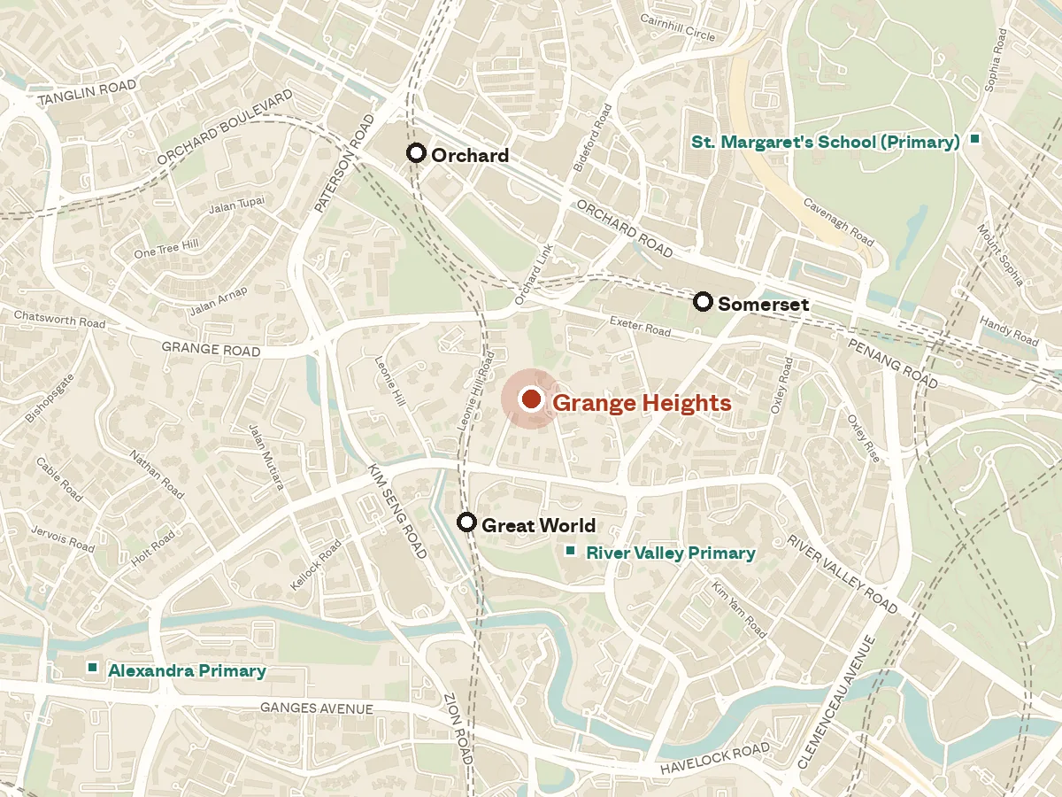 Map of the area around Grange Heights, with nearby MRT stations and primary schools