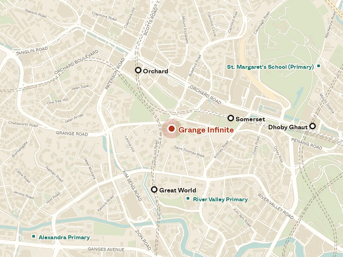 Map of the area around Grange Infinite, with nearby MRT stations and primary schools