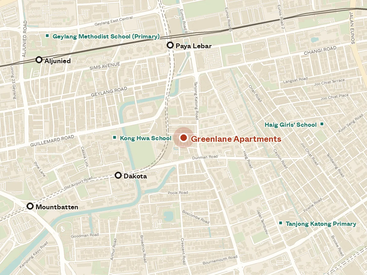 Map of the area around Greenlane Apartments, with nearby MRT stations and primary schools