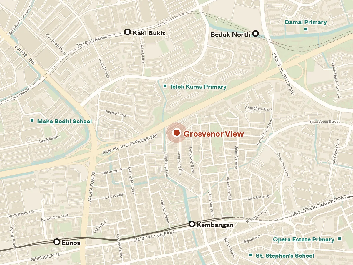 Map of the area around Grosvenor View, with nearby MRT stations and primary schools