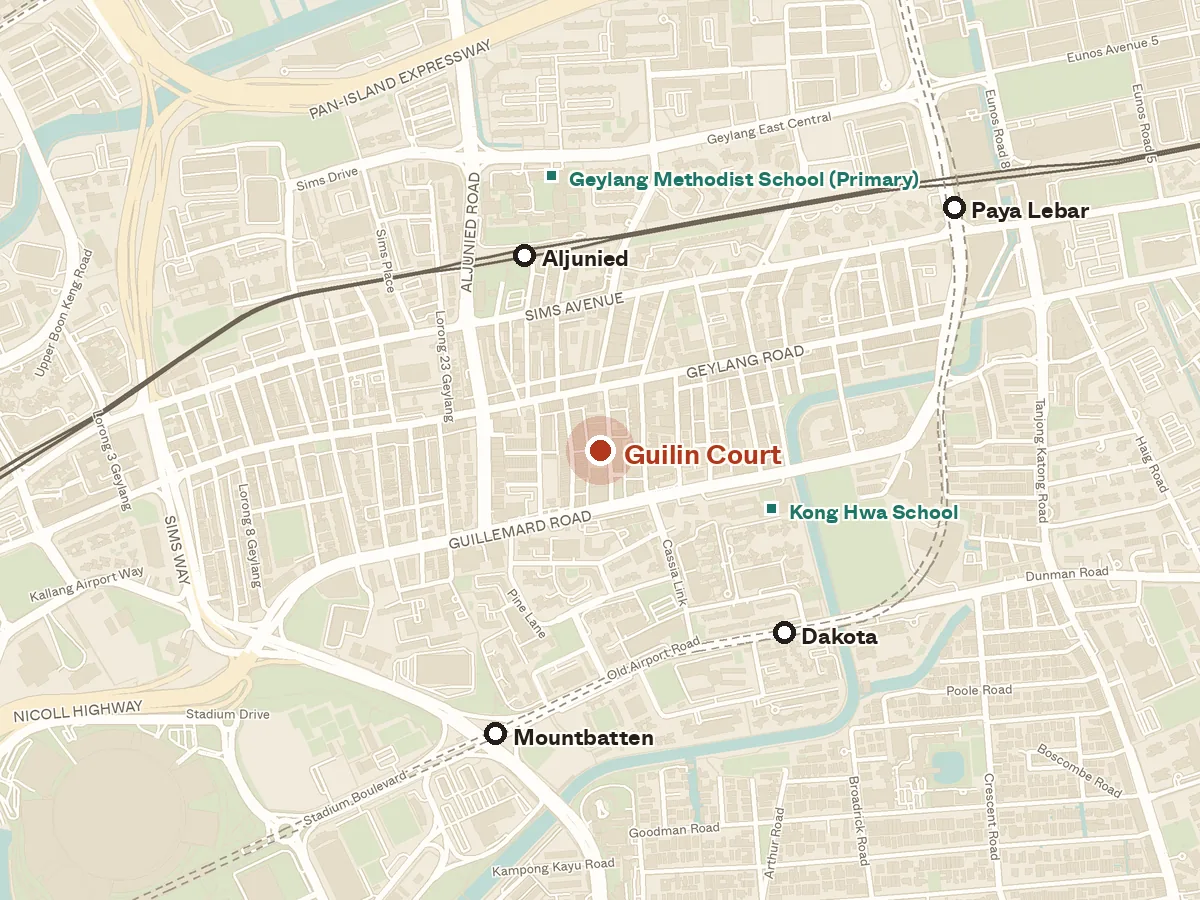 Map of the area around Guilin Court, with nearby MRT stations and primary schools