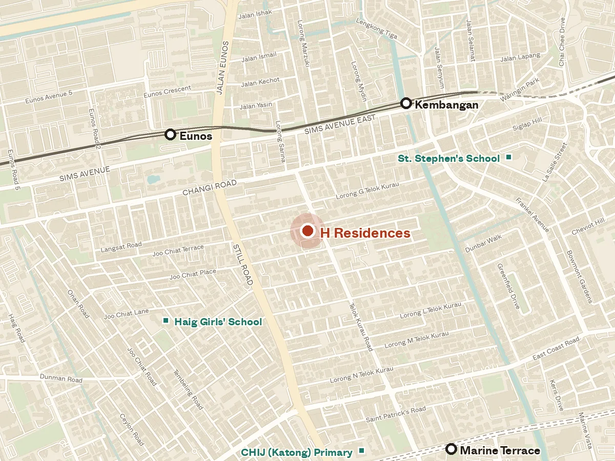 Map of the area around H Residences, with nearby MRT stations and primary schools