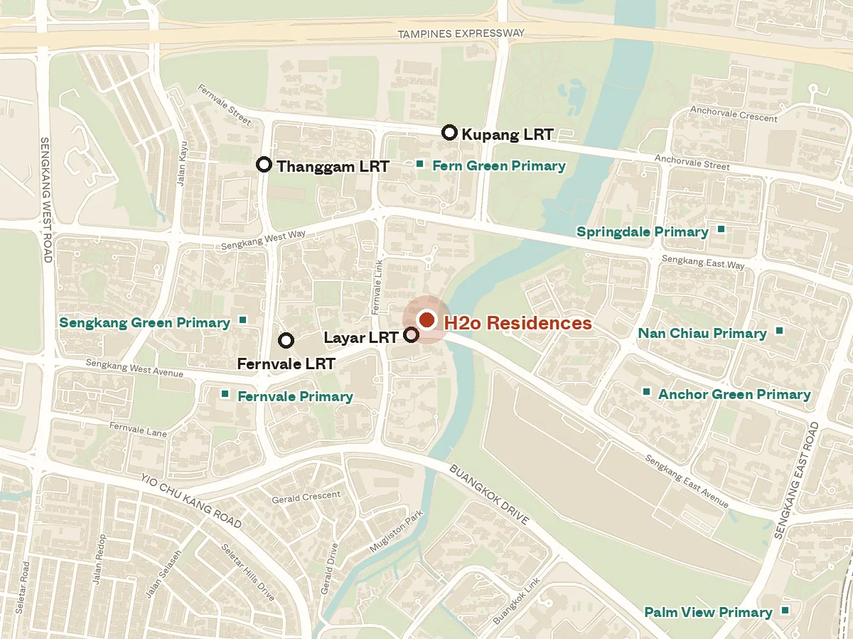 Map of the area around H2o Residences, with nearby MRT stations and primary schools