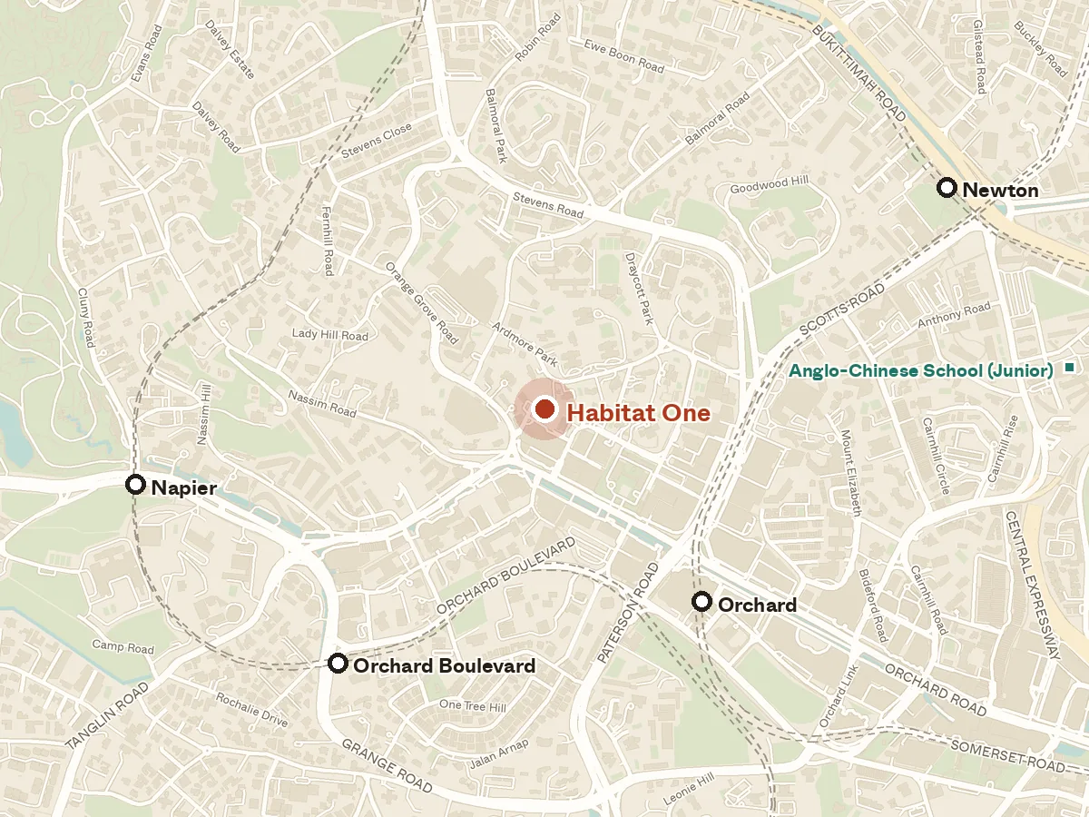 Map of the area around Habitat One, with nearby MRT stations and primary schools