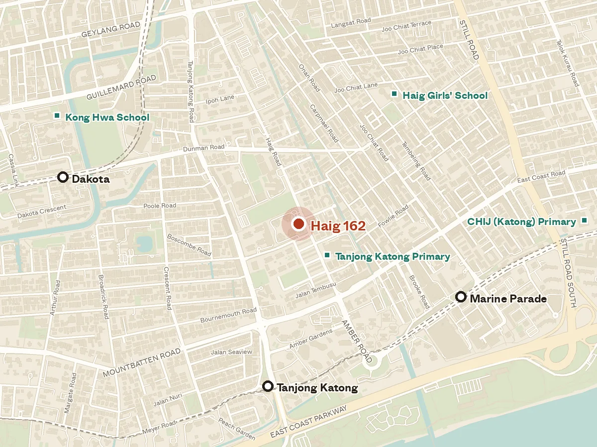 Map of the area around Haig 162, with nearby MRT stations and primary schools