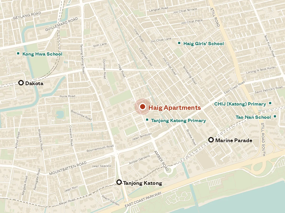 Map of the area around Haig Apartments, with nearby MRT stations and primary schools